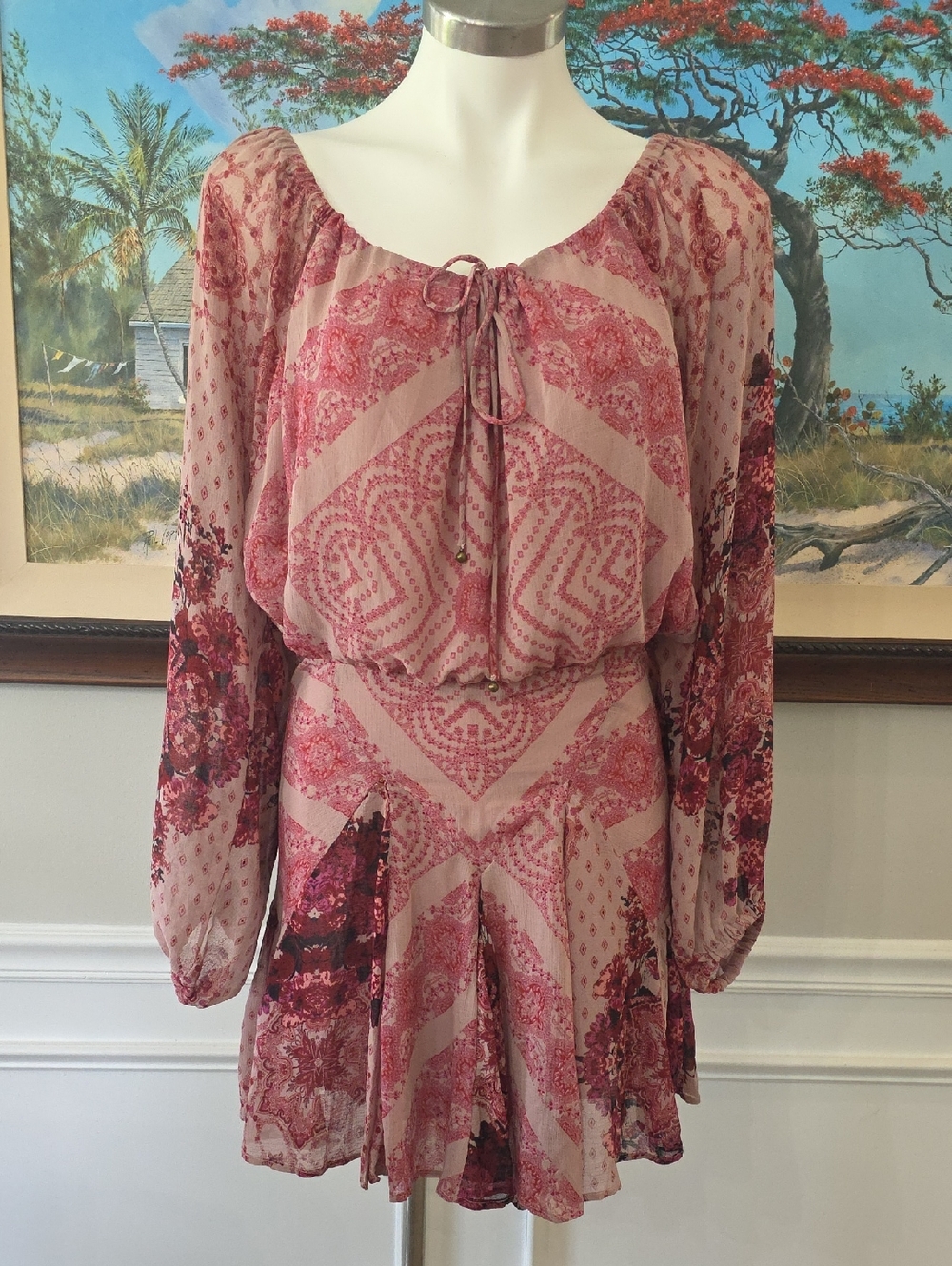 Free People Pink Rose Printed Tie-Neck Long Sleeve Mini Dress